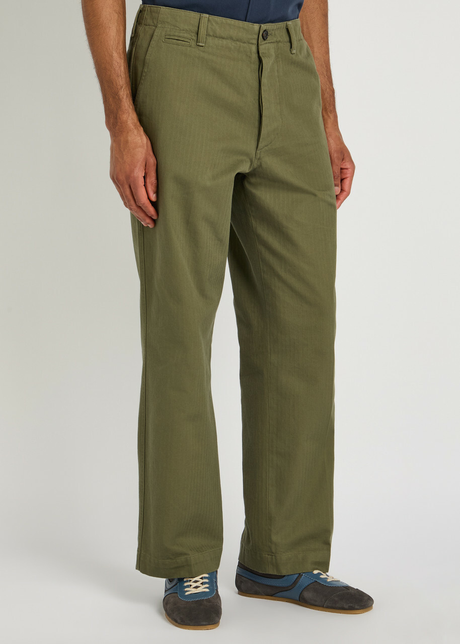 Drake's Herringbone Wide-leg Chino Trousers Khaki
