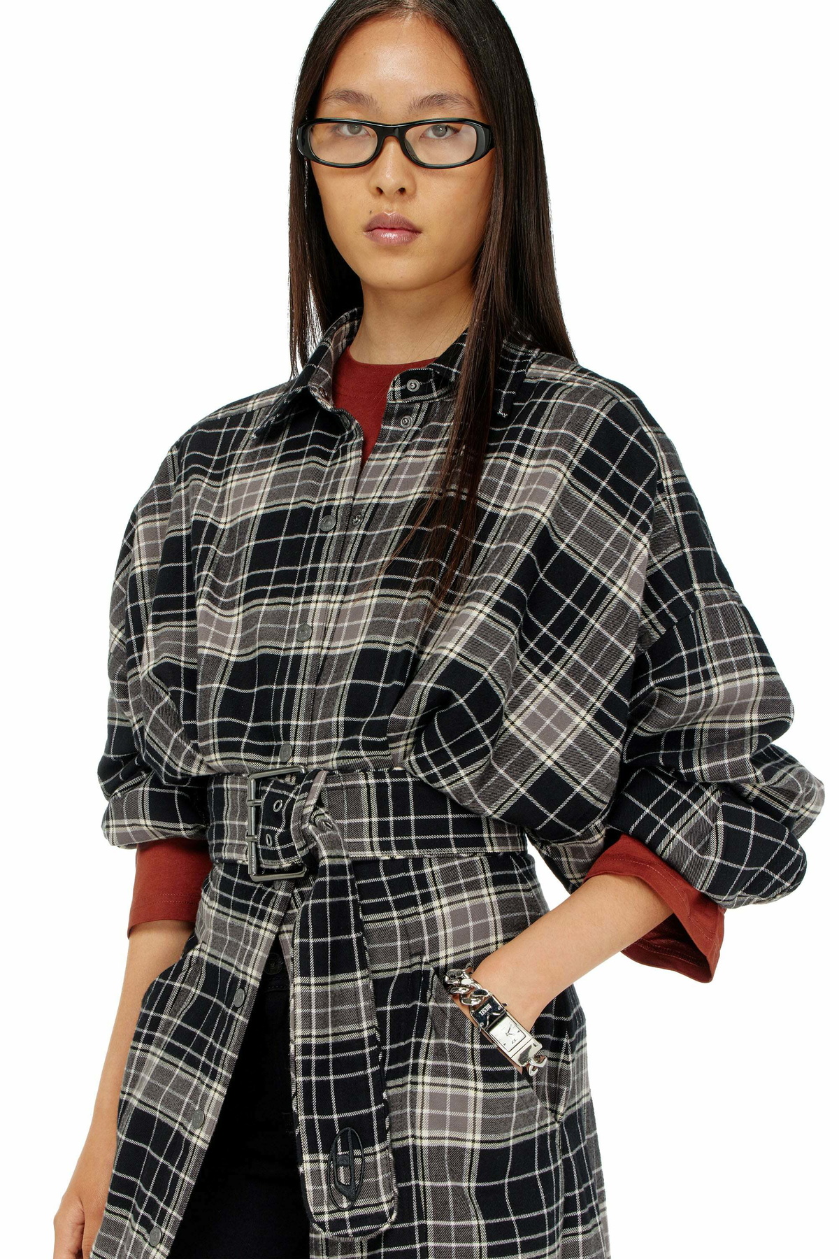 Diesel Midi dress in check flannel with wide belt - Dresses Womens in Multicolor