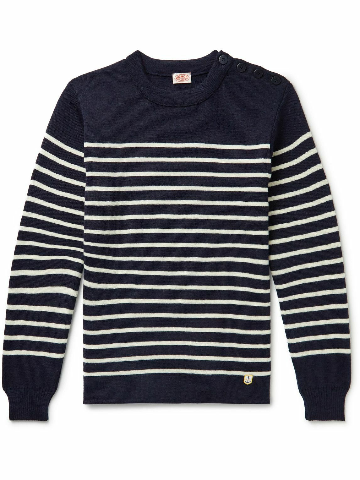 Armor Lux Molene Logo Appliqued Striped Wool Sweater Blue Armor Lux