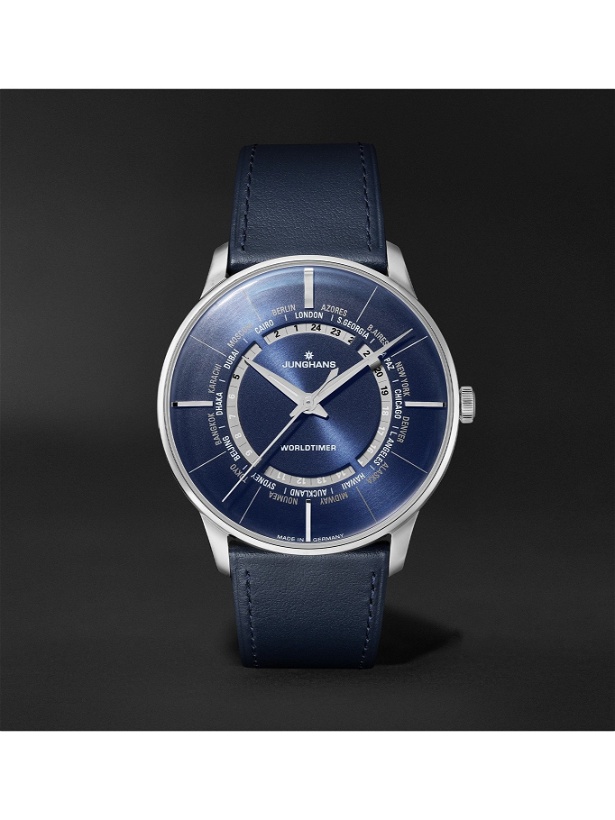 Photo: JUNGHANS - Meister Worldtimer Automatic 40.4mm PVD-Coated Stainless Steel and Leather Watch, Ref. No. 027/5013.02 - Blue