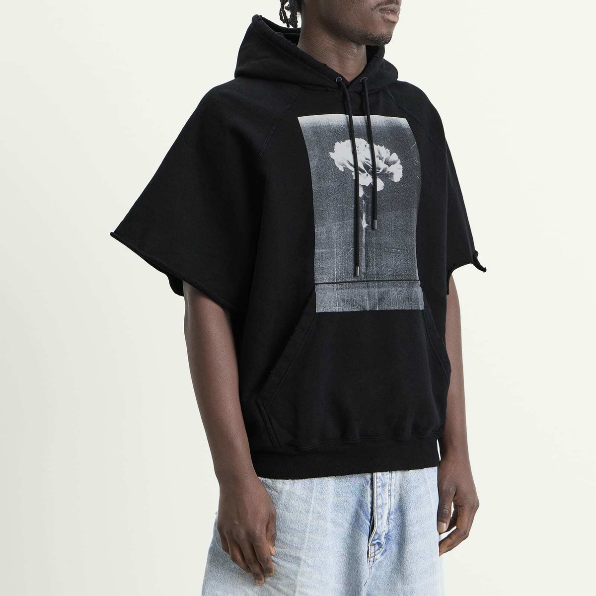 Balenciaga Men's Cutaway Short Sleeve Hoodie in Black