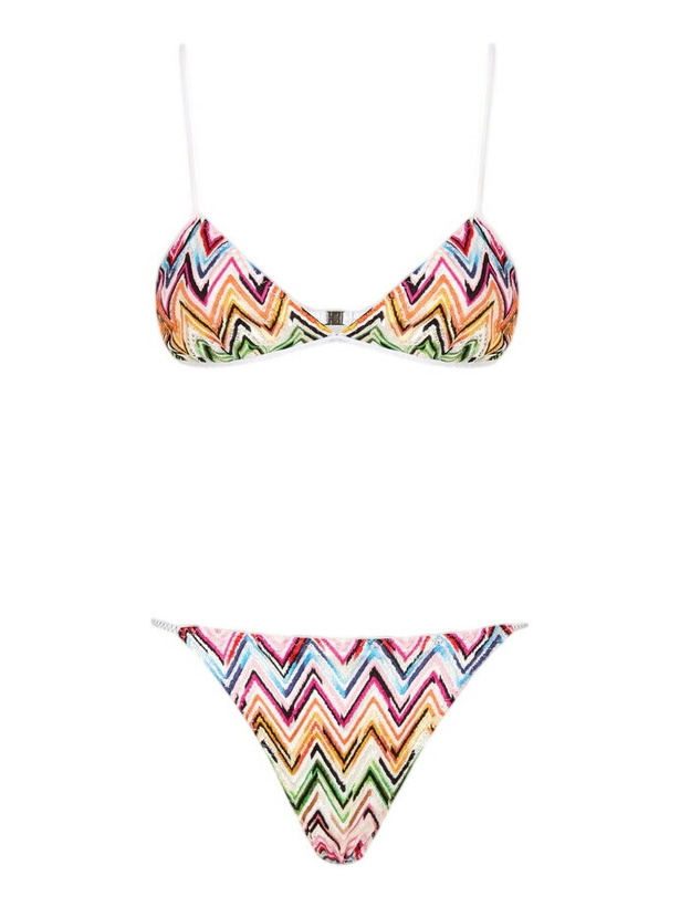 Photo: Missoni - Bikini in stretch viscose with lace and zigzag motif and contrast ties, Women, Multicoloured