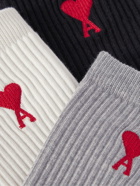 AMI PARIS - Three-Pack Logo-Embroidered Ribbed Organic Cotton-Blend Socks