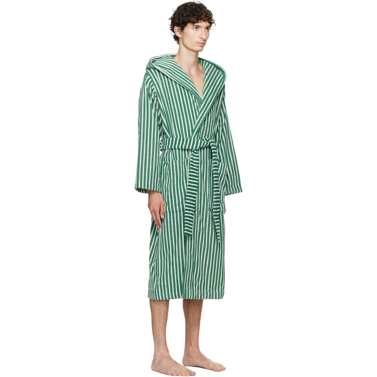 Tekla Green & White Terry Hooded Bathrobe