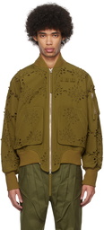 Juntae Kim Khaki Laser-Slashed Flower Bomber Jacket