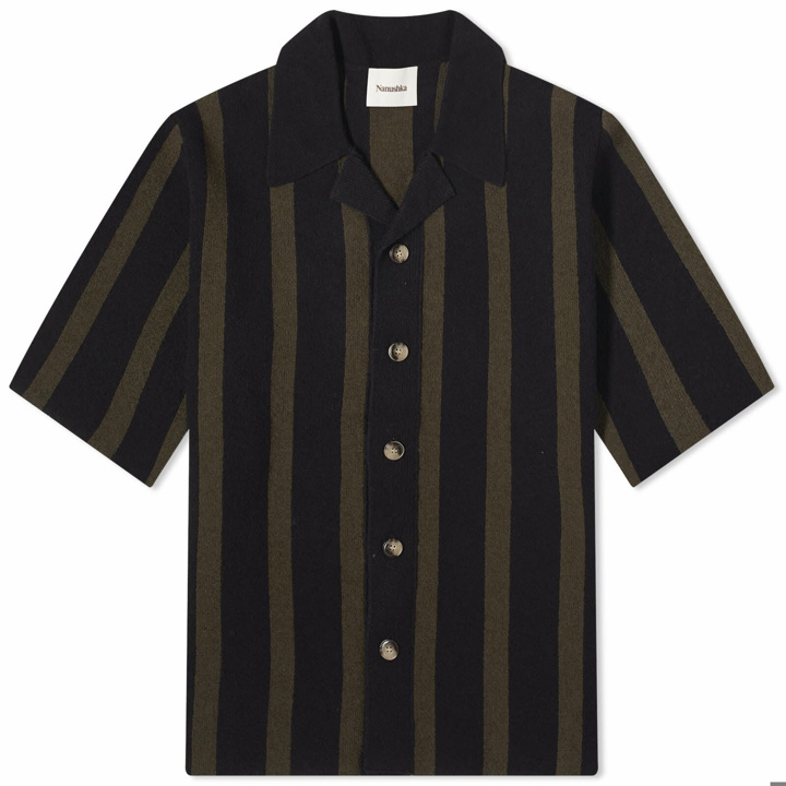 Photo: Nanushka Men's Ziko Terry Stripe Vacation Shirt in Dark Khaki/Black