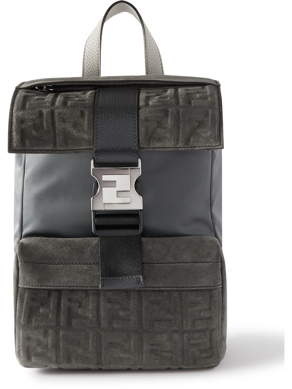 Photo: Fendi - Mini Leather-Trimmed Logo-Embossed Suede and Shell Sling Backpack