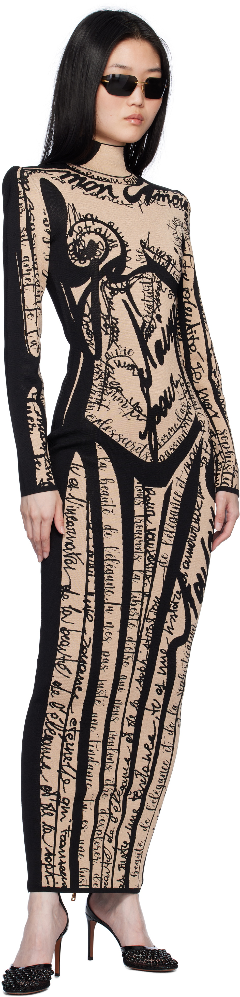 Balmain Black & Tan Body Motif Knit Maxi Dress