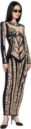 Balmain Black & Tan Body Motif Knit Maxi Dress