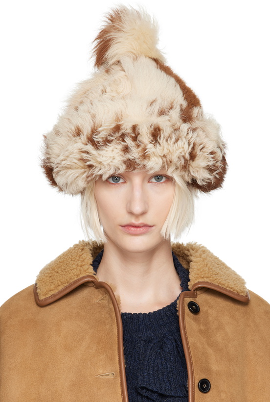 Photo: Cawley Off-White & Brown Bobble Shearling Beanie