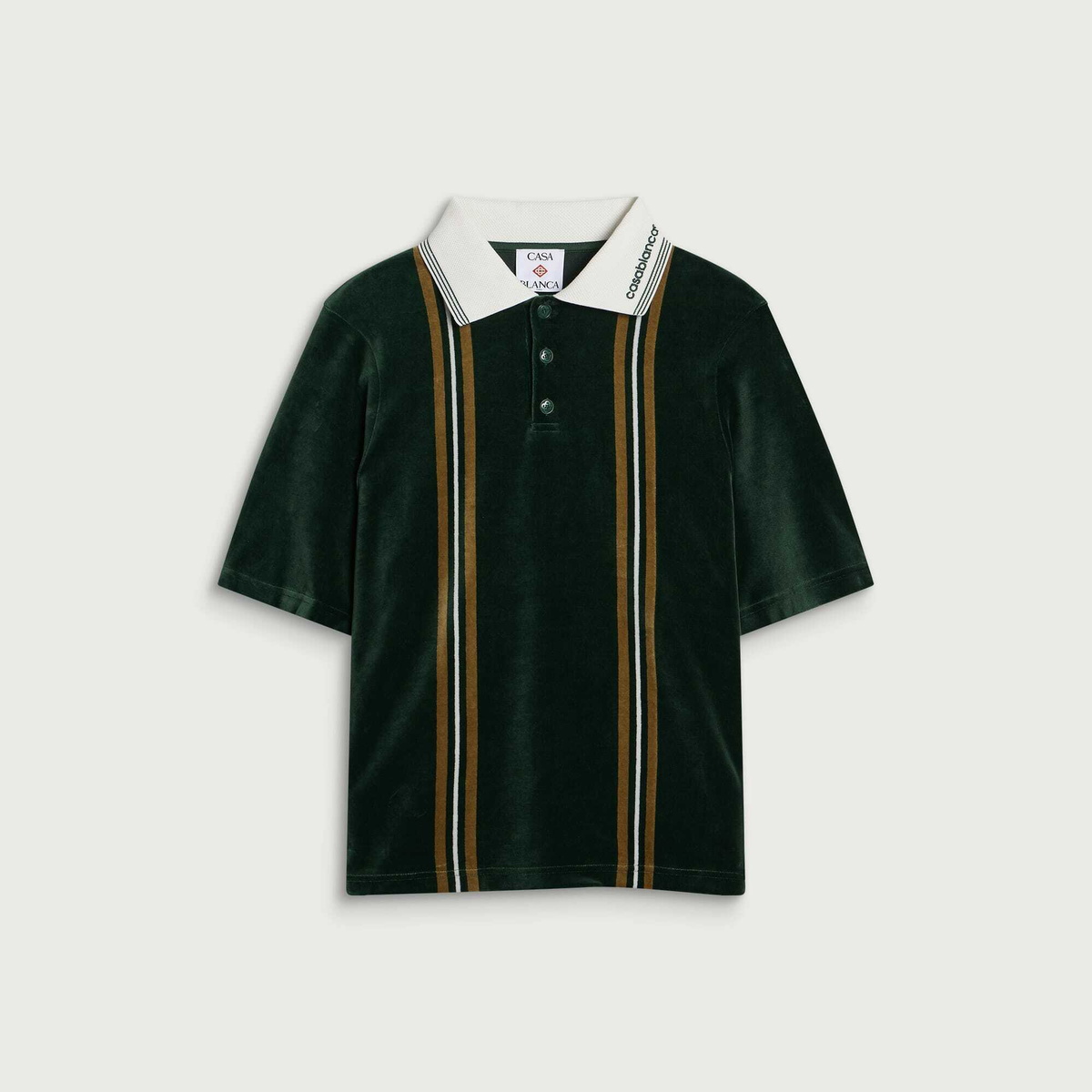 Casablanca Men's Velour Stripe Polo in Velour Green/Brown/Off-White