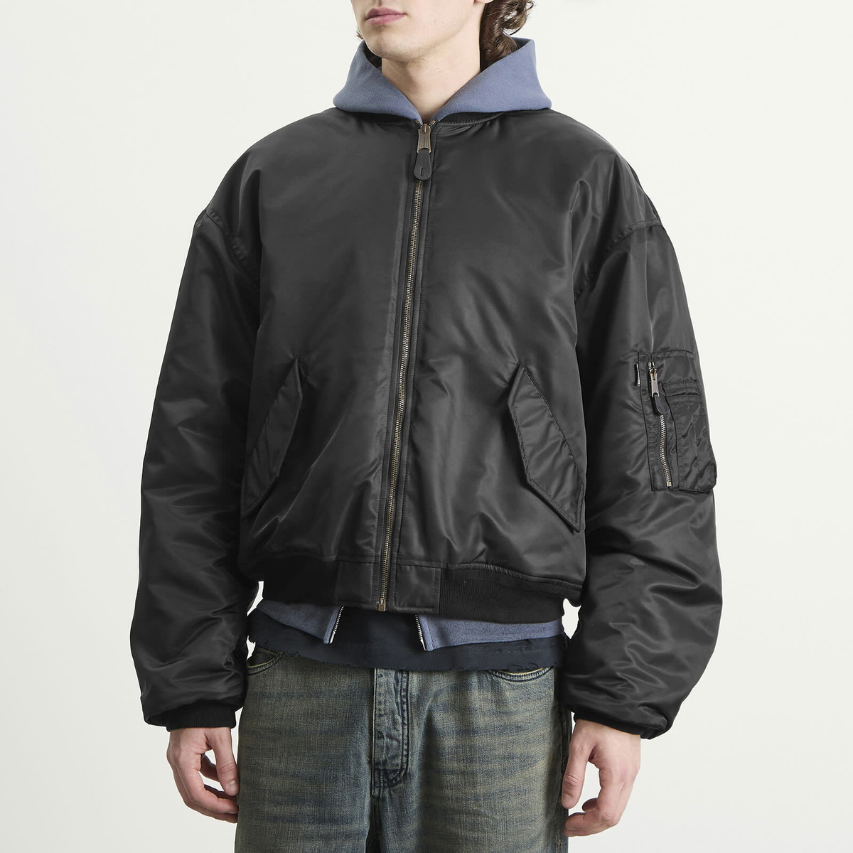 Balenciaga Men's Nylon Satin Bomber Jacket in Black