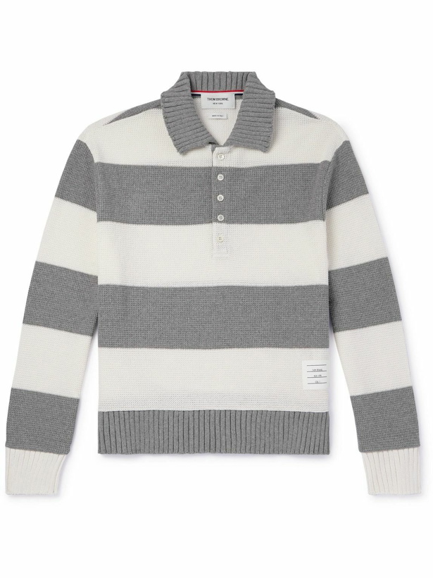 Photo: Thom Browne - Logo-Appliquéd Striped Waffle-Knit Cotton Polo Shirt - Gray