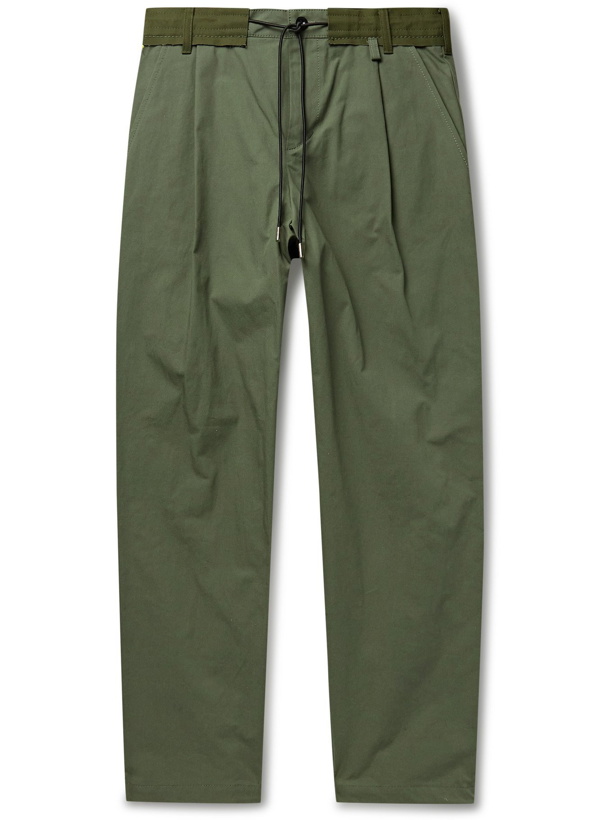 Photo: SACAI - Slim-Fit Pleated Canvas-Trimmed Cotton-Blend Twill Trousers - Green