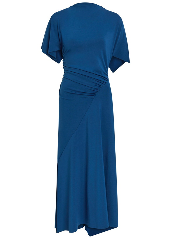 Photo: Victoria Beckham Asymmetric Ruched Stretch-jersey Midi Dress Dark Blue