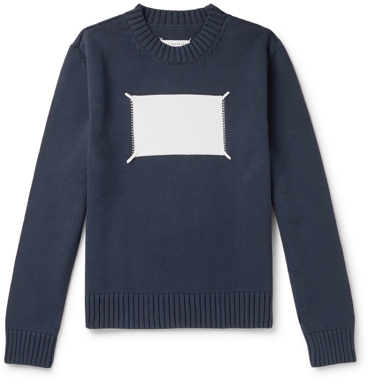 Photo: Maison Margiela - Embroidered Intarsia Cotton-Blend Sweater - Blue