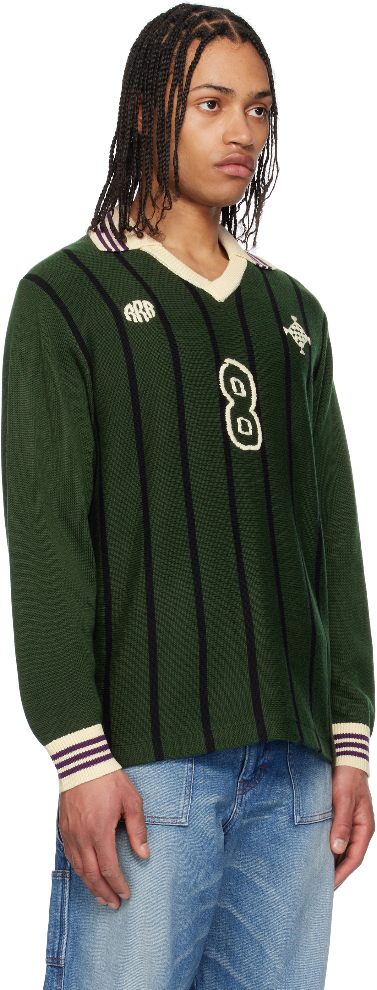 RICE NINE TEN Green Knitting Long Sleeve Soccer Jersey Polo