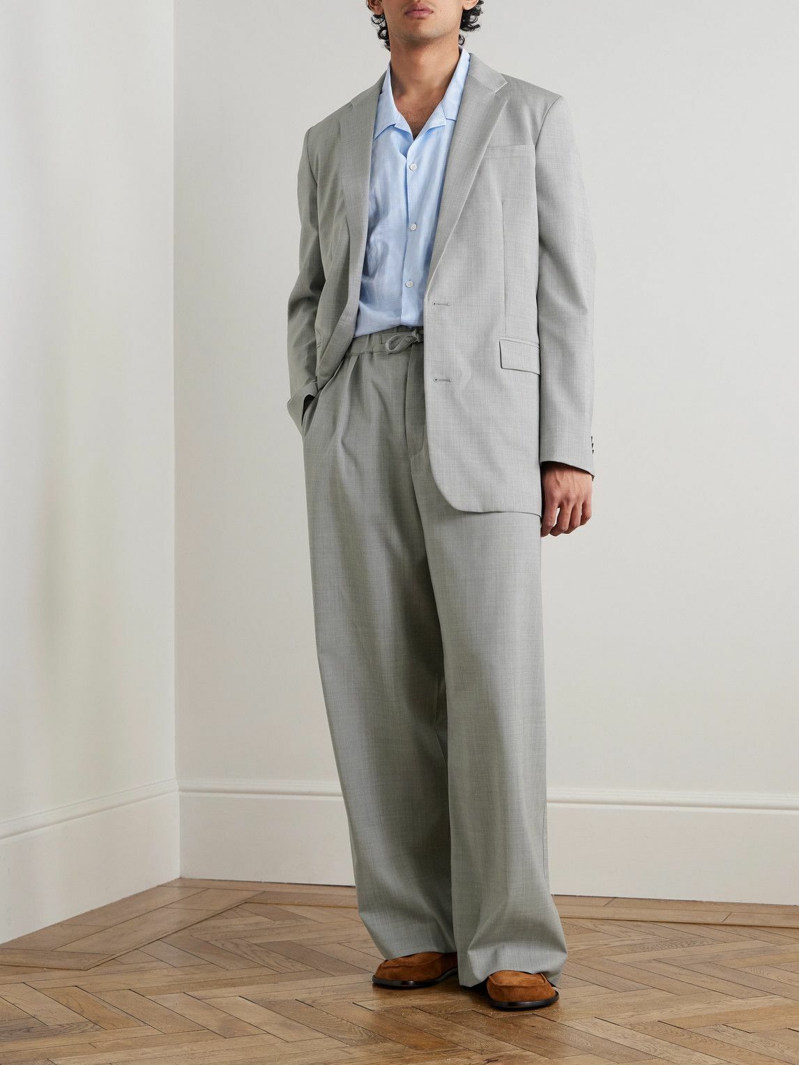LOEWE - Wide-Leg Logo-Embroidered Pleated Wool Drawstring Trousers