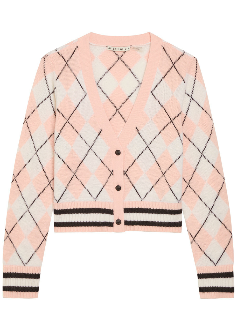 Alice + Olivia Grace Argyl Cropped Cashmere-blend Cardigan Pink