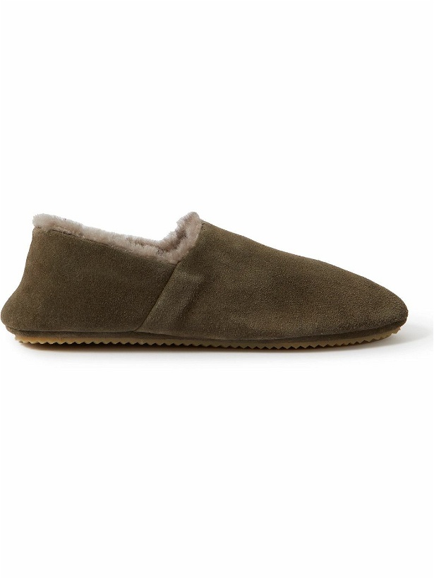 Photo: Mr P. - Babouche Shearling-Lined Suede Slippers - Green