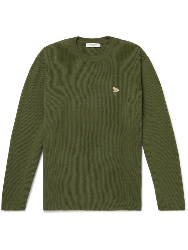 Photo: Maison Kitsuné - Logo-Appliquéd Ribbed Cotton and Wool-Blend Sweater - Green