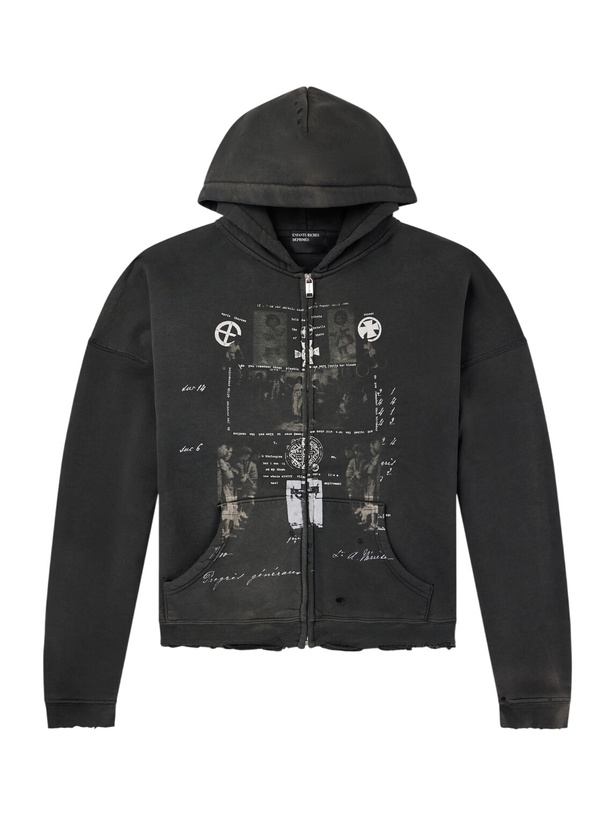 Photo: Enfants Riches Déprimés - Djagilve's Grave Distressed Printed Cotton-Jersey Zip-Up Hoodie - Black