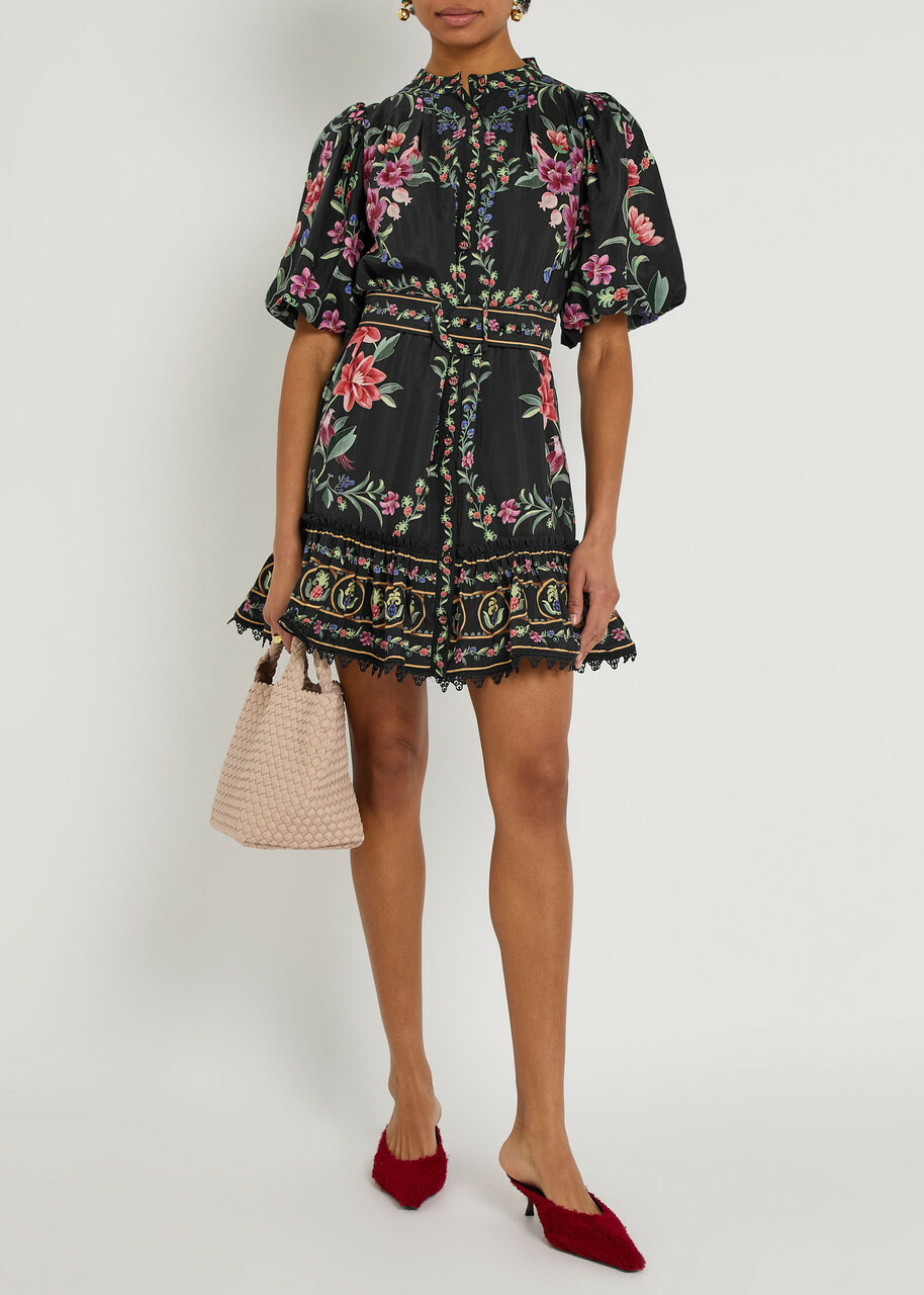 Farm Rio Belle Garden Floral-print Cotton-blend Mini Dress Black