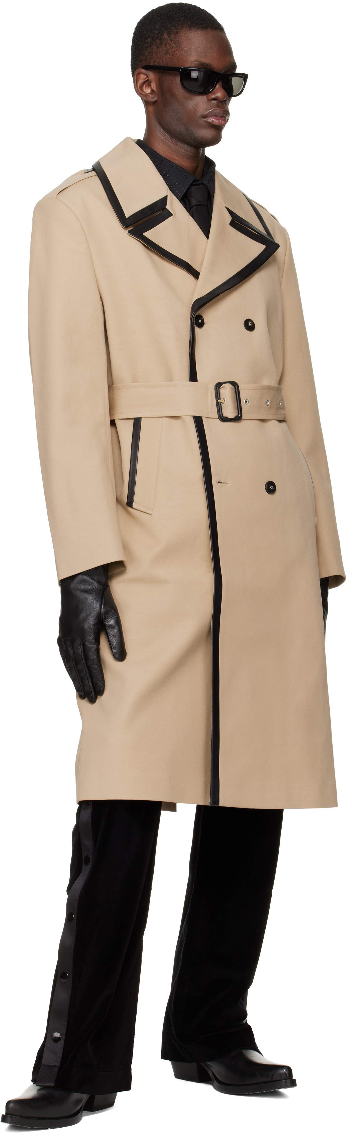 Ernest W. Baker Beige Leather Trim Trench Coat