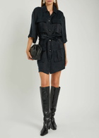 Anine Bing Geri Belted Woven Mini Shirt Dress Black