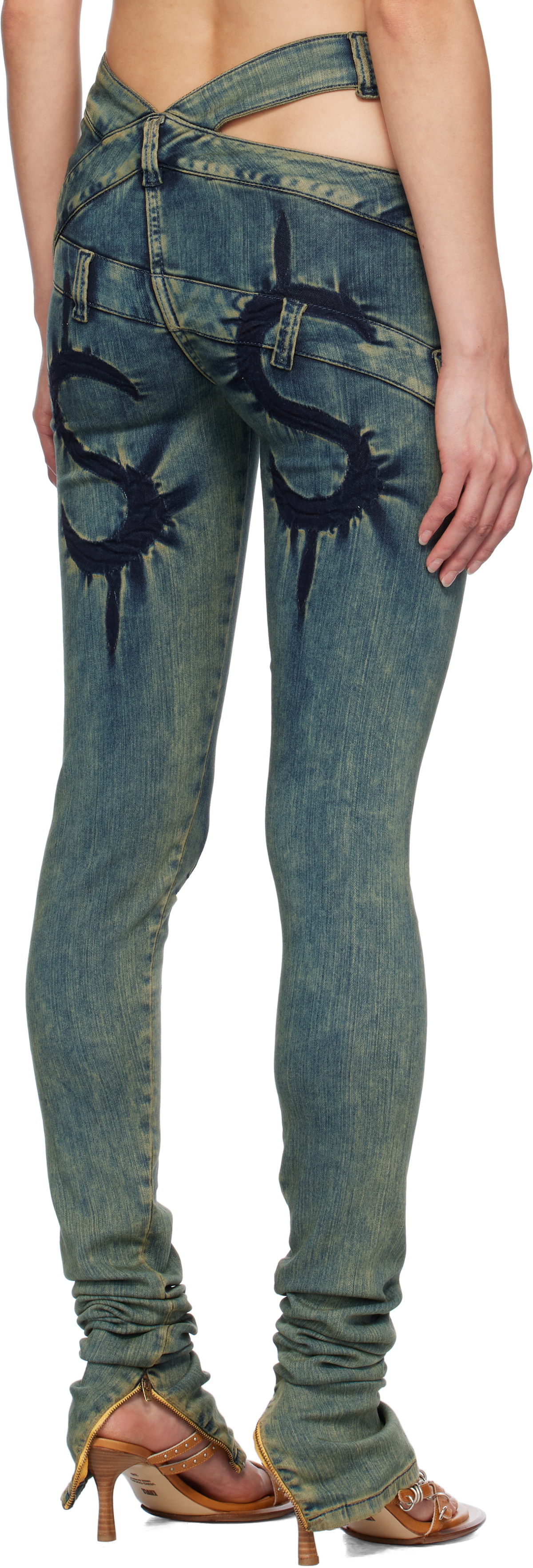 Masha Popova Blue Skinny Dollar Sign Joggins Back Zips Jeans