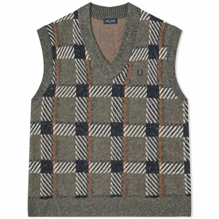 Photo: Fred Perry Men's Glitch Tartan Knitted Vest in Field Green