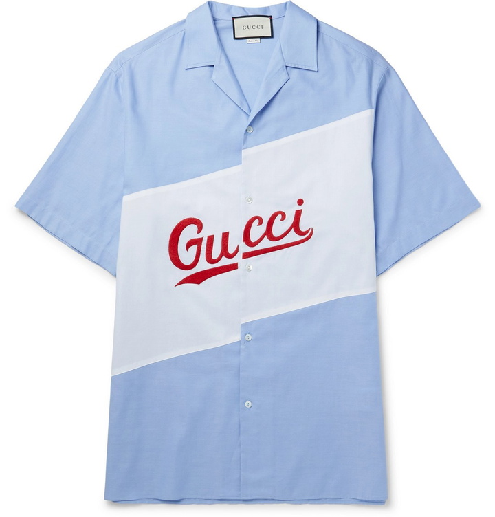 Photo: Gucci - Oversized Camp-Collar Logo-Embroidered Cotton-Poplin Shirt - Blue