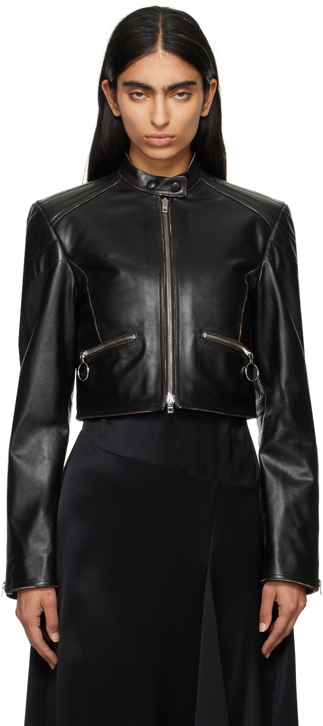 Acne Studios Black Quilted Shoulders Leather Biker Jacket