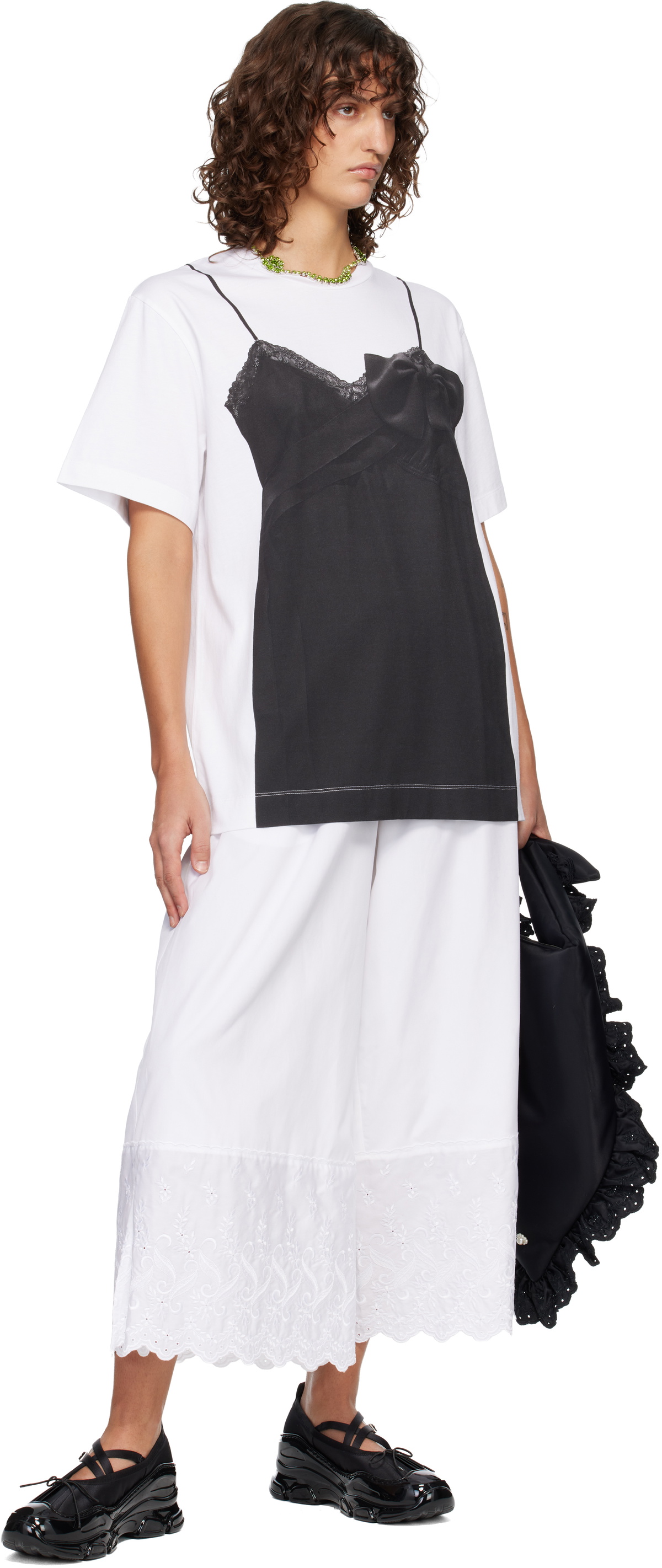 Simone Rocha White & Black Bow Sash Slip Dress Trompe L'Oeil T-shirt