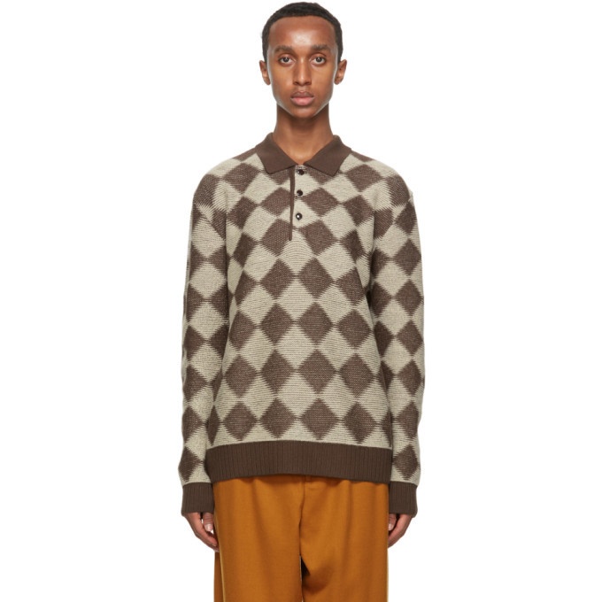 Needles Brown and Beige Wool Check Long Sleeve Polo Needles