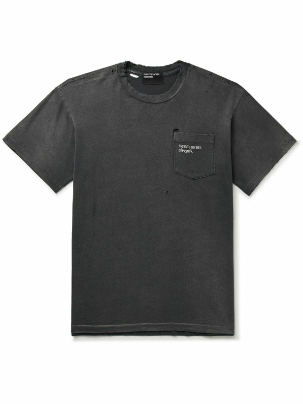 Photo: Enfants Riches Déprimés - Thrashed Distressed Logo-Print Cotton-Jersey T-Shirt - Gray