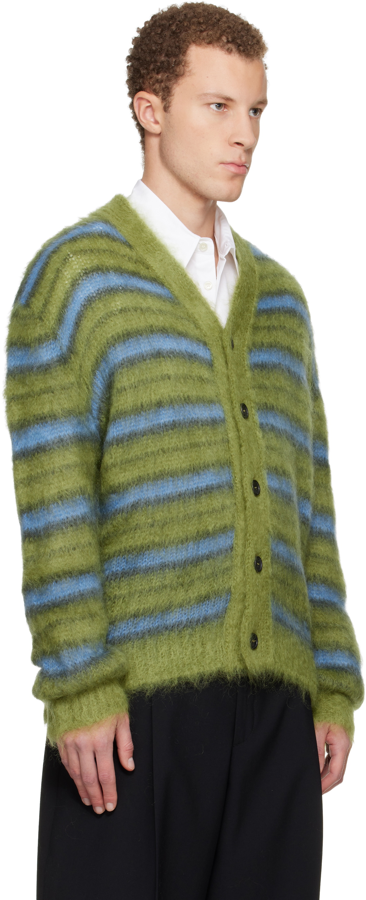 Marni Green & Blue Fuzzy Wuzzy Stripe V-Neck Cardigan