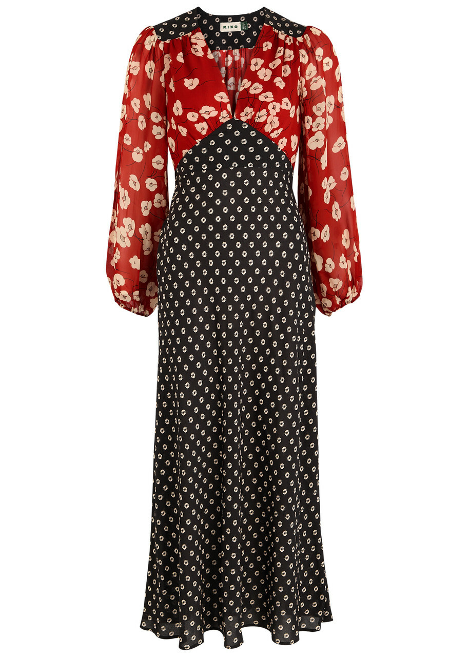 Rixo Kaila Patchwork Floral-print Midi Dress Black Rixo