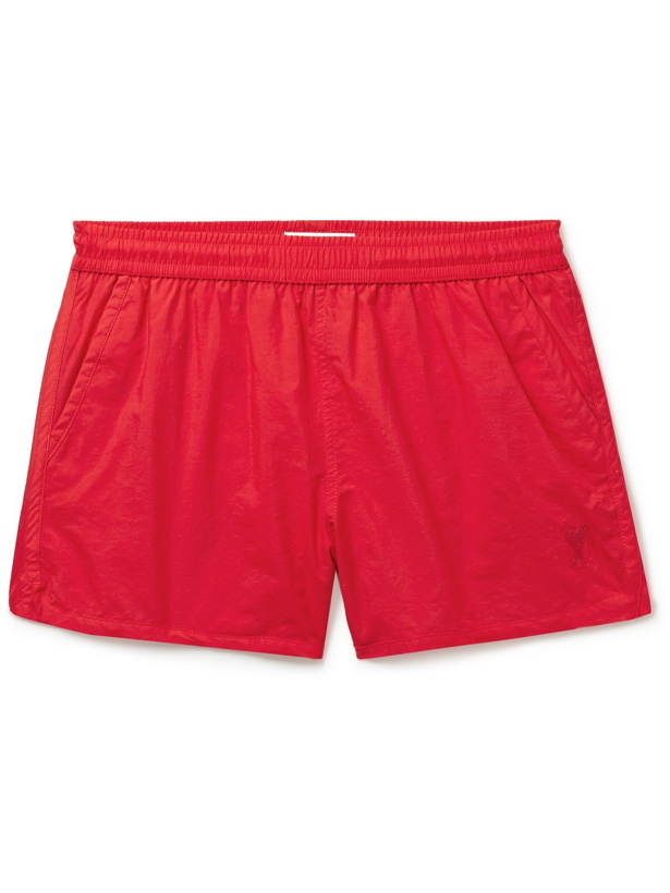 Photo: AMI PARIS - Slim-Fit Short-Length Logo-Embroidered Swim Shorts - Red