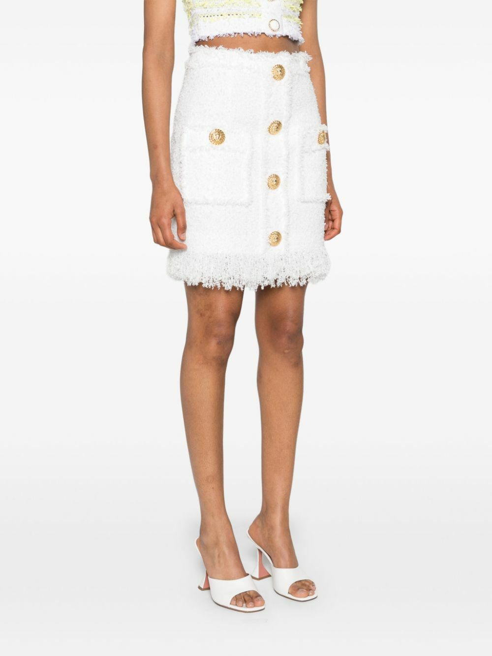 Balmain White Button-Up Tweed Skirt