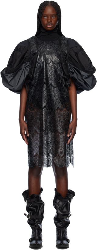 Photo: Junya Watanabe Black & Gray Polyester Scalloped Lace X Nylon Rip-Stop Midi Dress