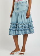 Ganni Frill Tiered Denim Midi Skirt Light Blue