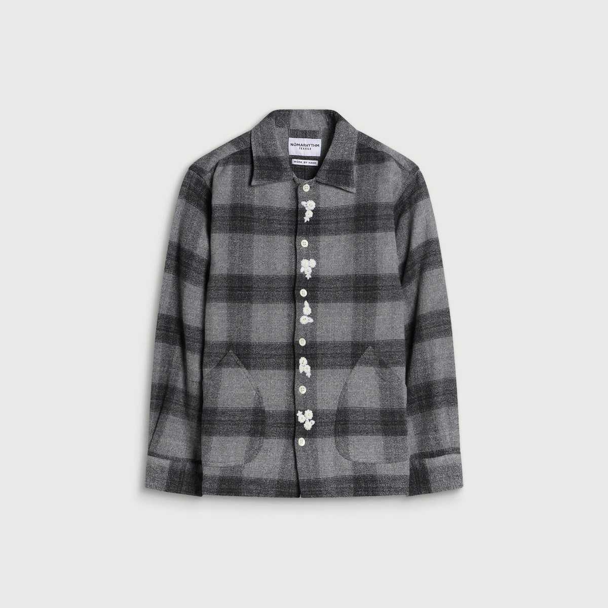 NOMARHYTHM TEXTILE Men's Check Small Flower Embroidery Shirt in Black X Gray