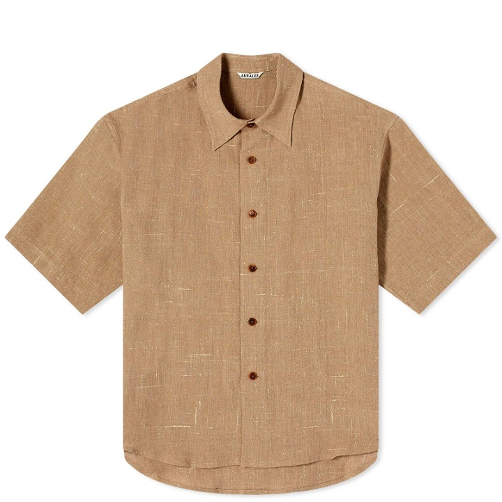 Photo: Auralee Men's Linen Silk Short Sleeve Shirt in Brown