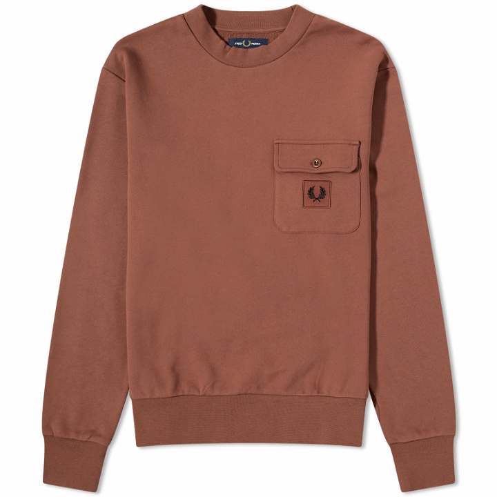Photo: Fred Perry Men's Badge Crew Sweat in Whisky Brown