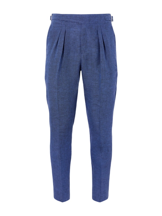 Photo: Mr P. - Steve Tapered Pleated Herringbone Linen Trousers - Blue