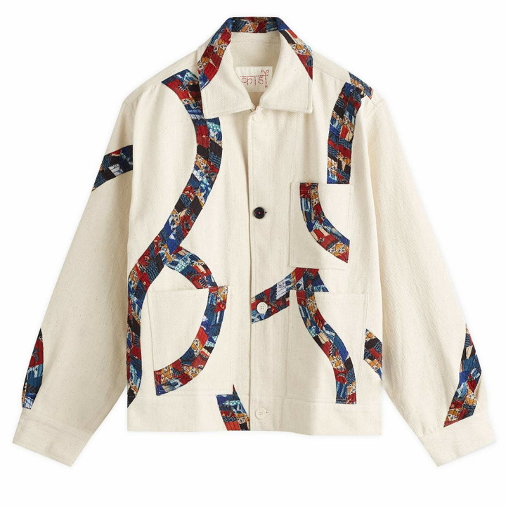 Photo: Kardo Men's Bodhi Patchwork Fabric Denim Jacket in Natural