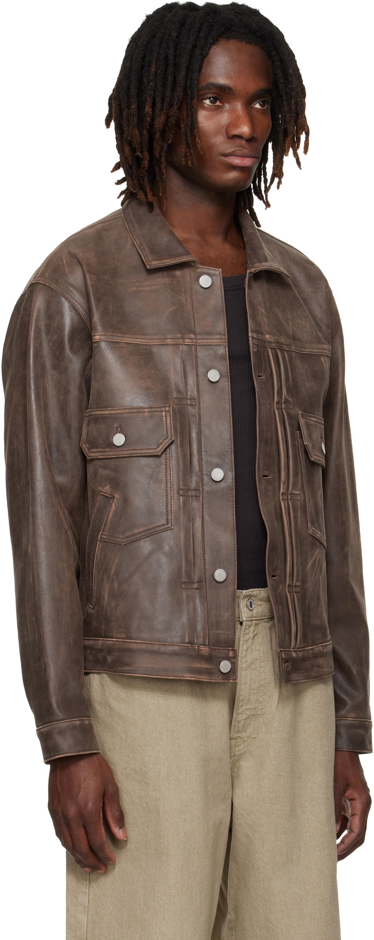 YOKE Brown Cracked Leather Trucker Jacket