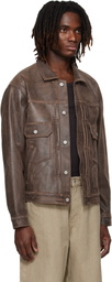 YOKE Brown Cracked Leather Trucker Jacket