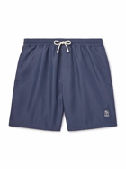 Brunello Cucinelli - Straight-Leg Mid-Length Logo-Embroidered Swim Shorts - Blue